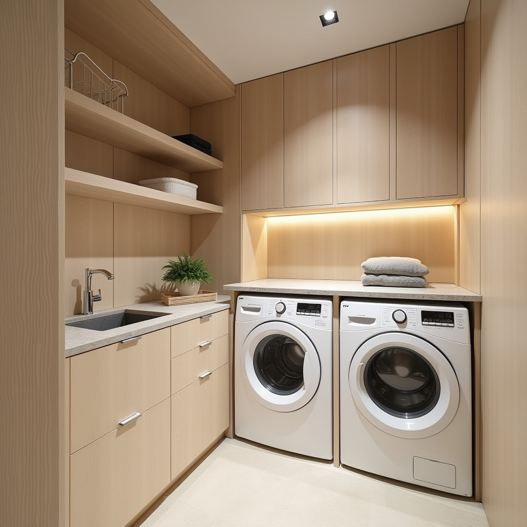 Japanese minimalist laundry room with light wood