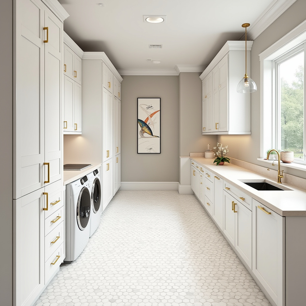 Art Moderne laundry room with curved cabinets