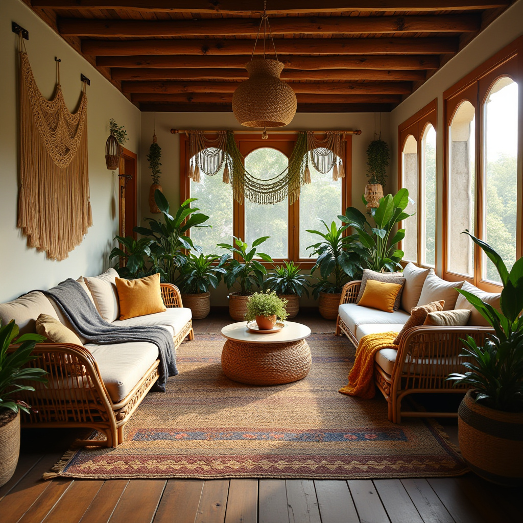 Bohemian style long living room with plants and textiles