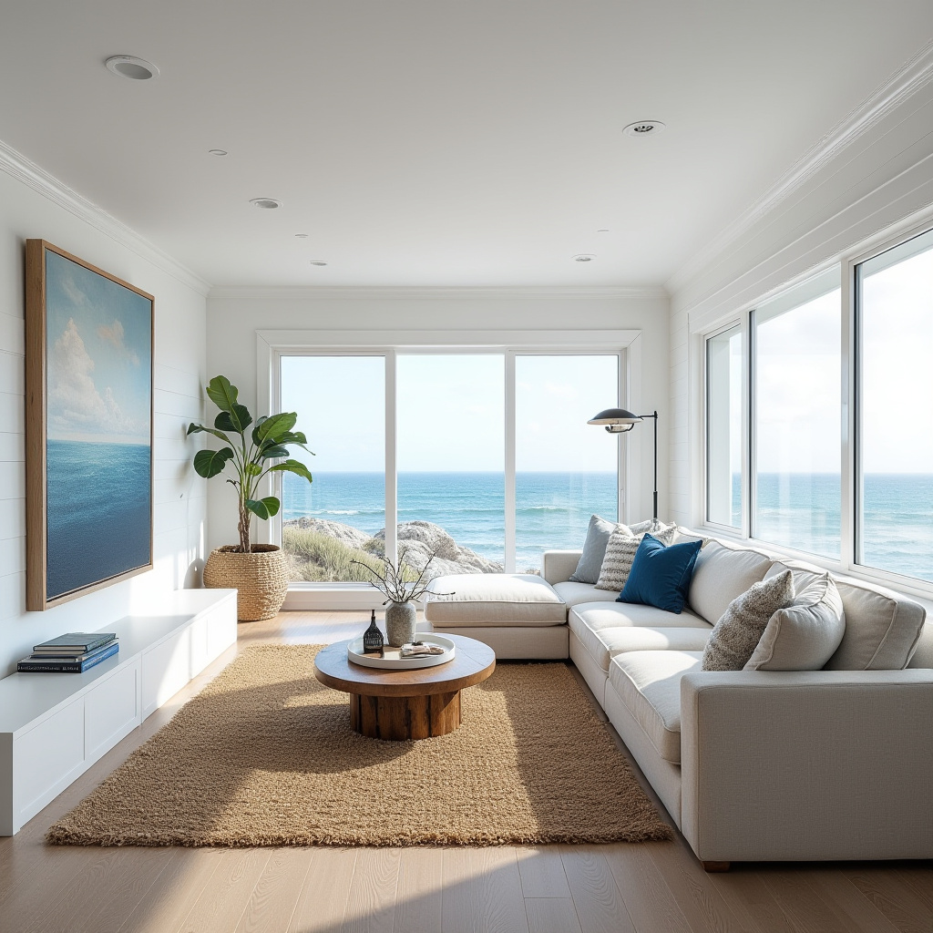 Coastal long living room with blue and white palette