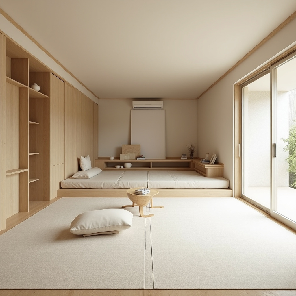 Japanese minimalist long living room with tatami mats