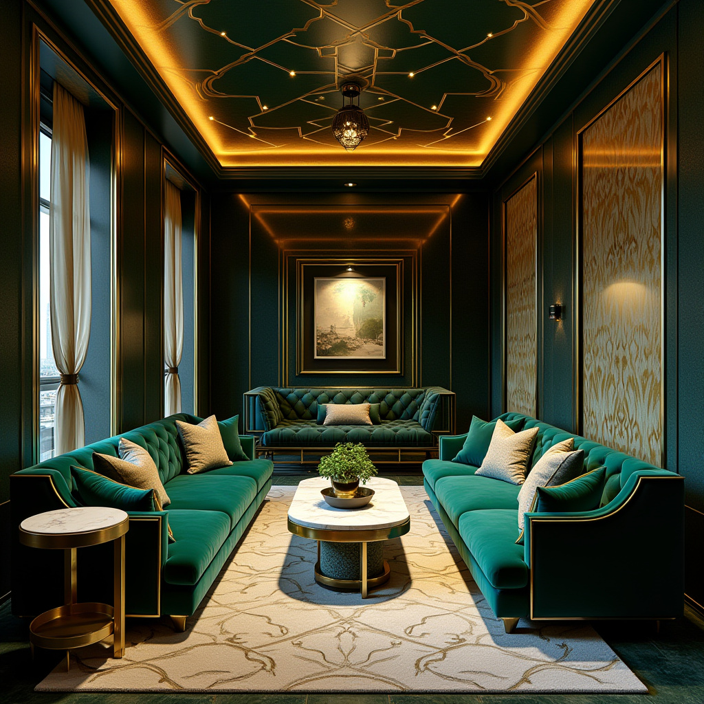 Art Deco long living room with jewel tones