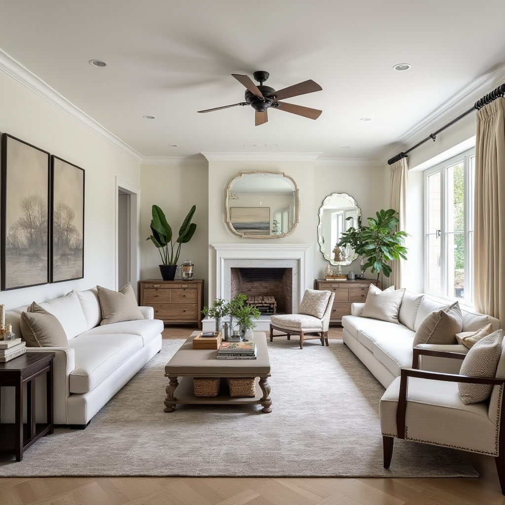 Transitional long living room with neutral palette
