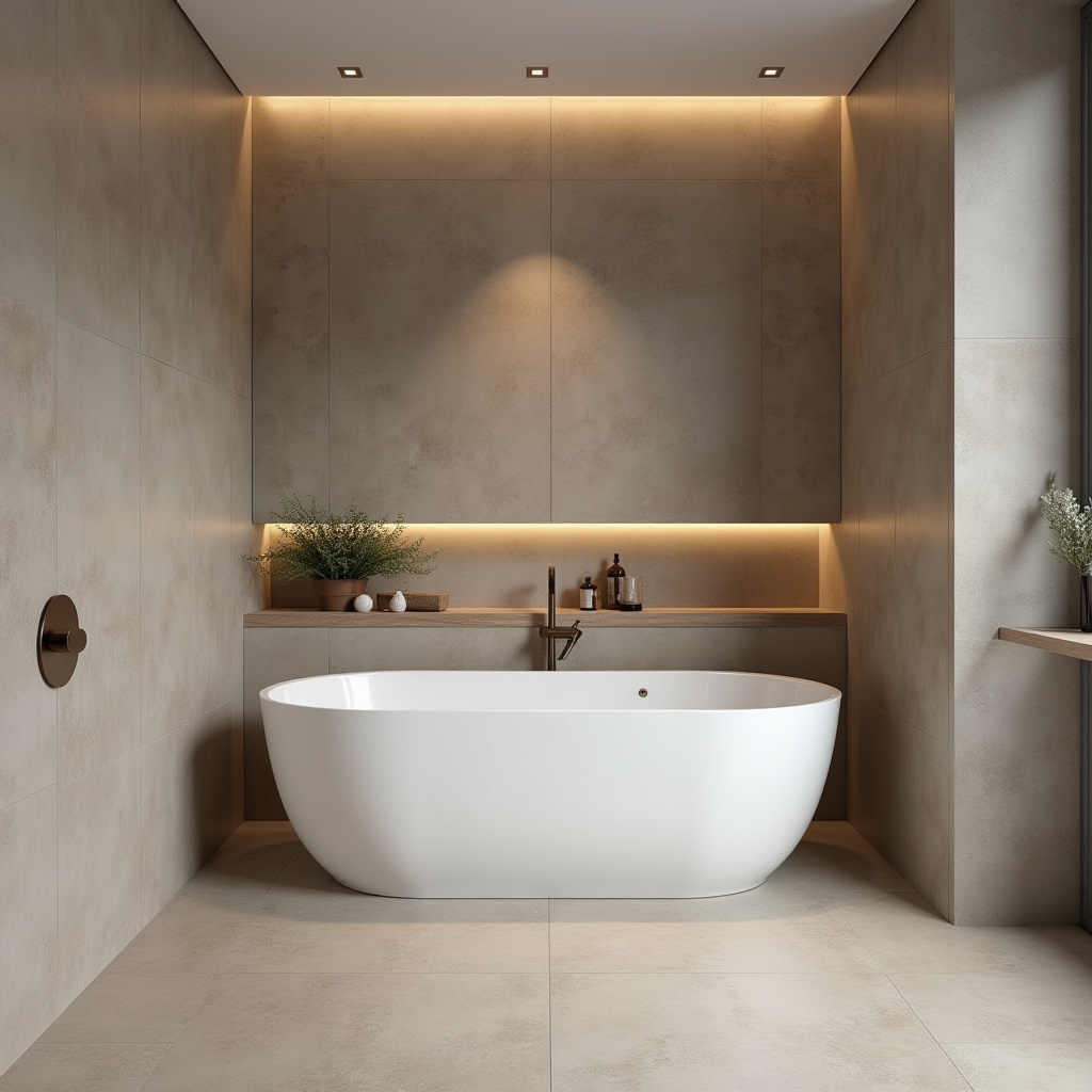 Contemporary concrete-style large tile bathroom