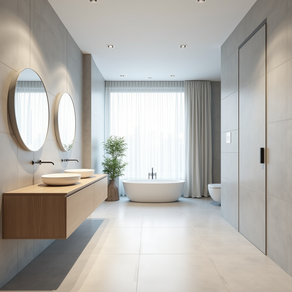 Scandinavian-inspired spacious large tile bathroom