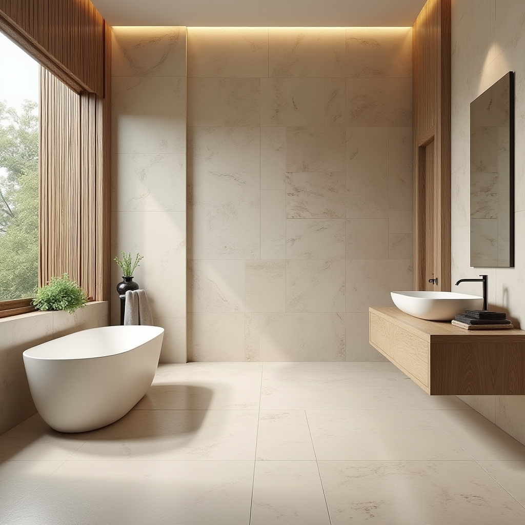 Tranquil zen-inspired large tile bathroom