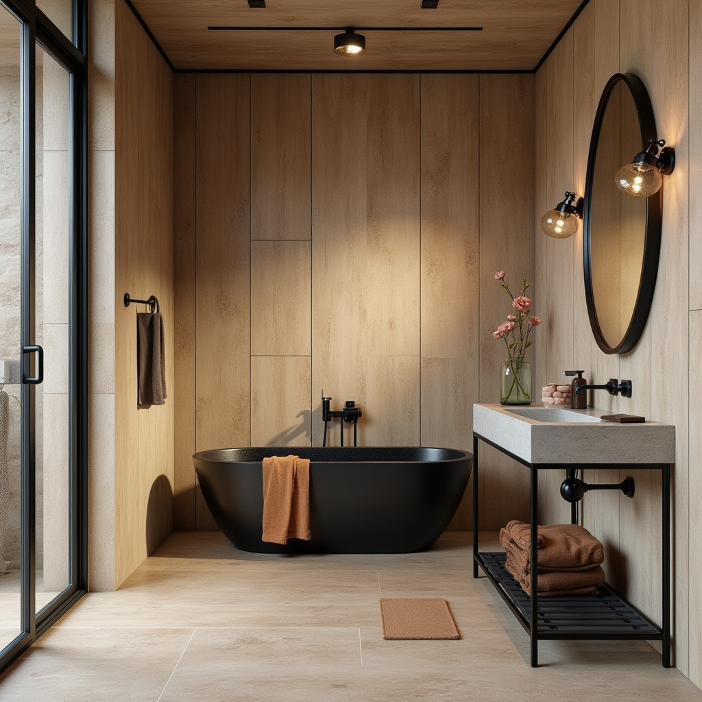 Rustic modern large tile bathroom with wood accents
