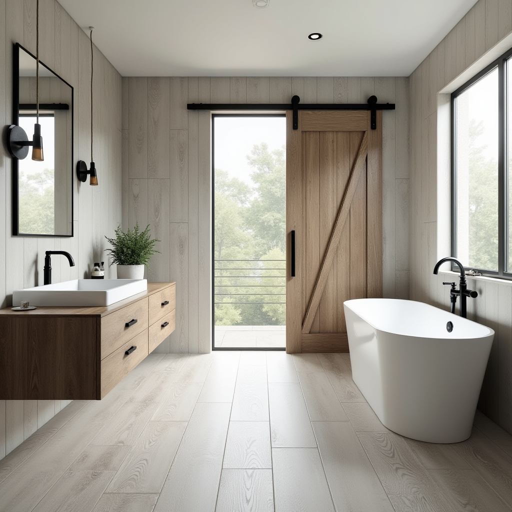 Cozy modern farmhouse large tile bathroom
