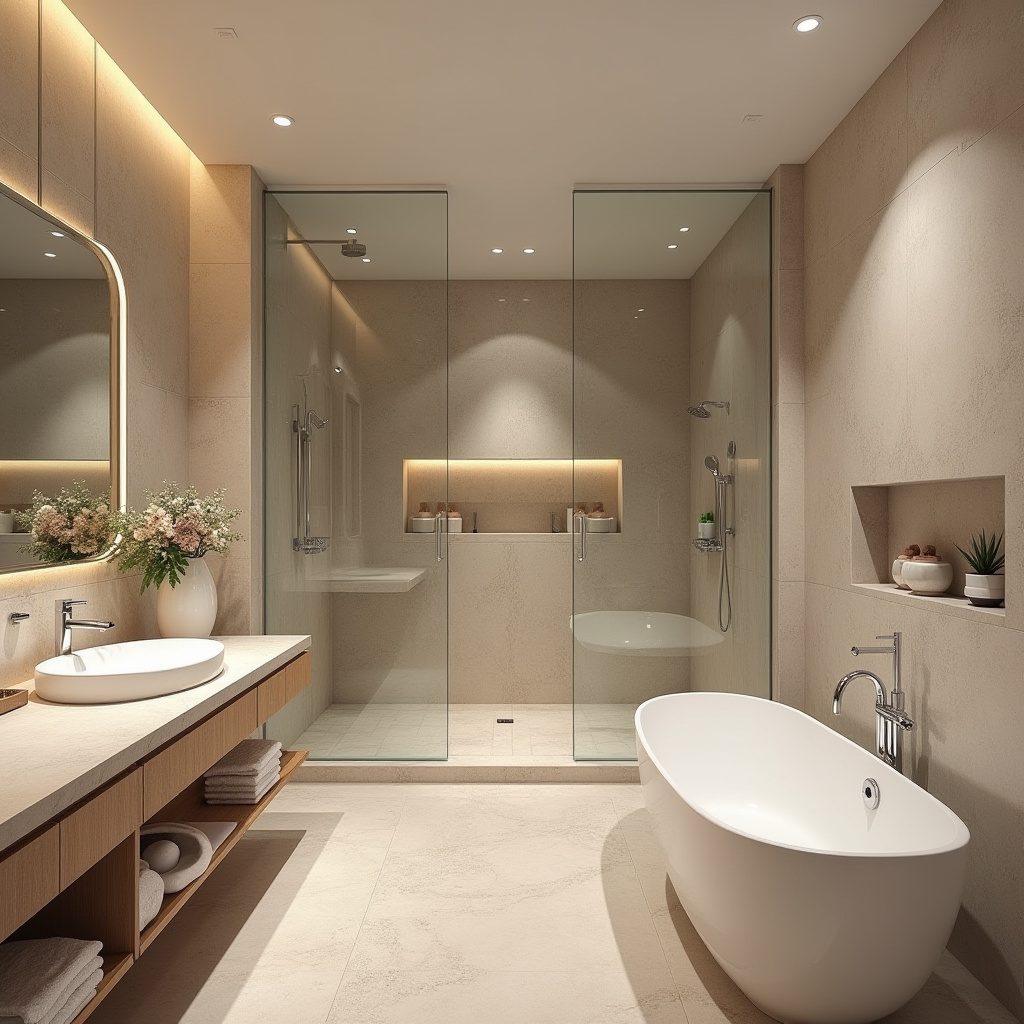 Opulent spa-inspired large tile bathroom