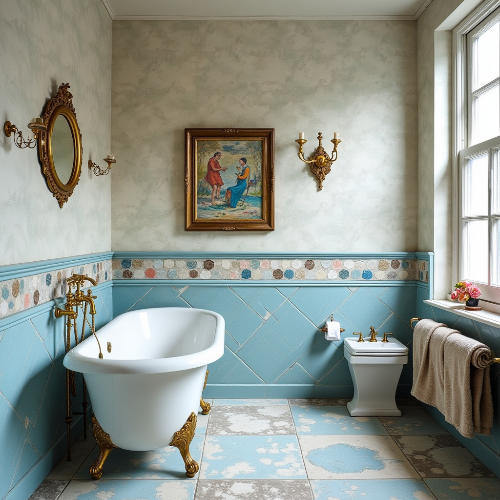 Eclectic large tile bathroom with bold patterns