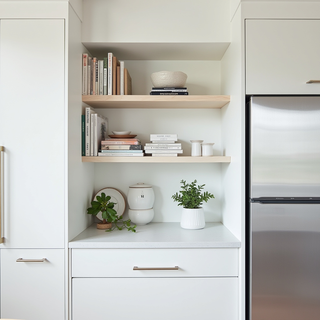 Minimalist kitchen with white built-in shelves