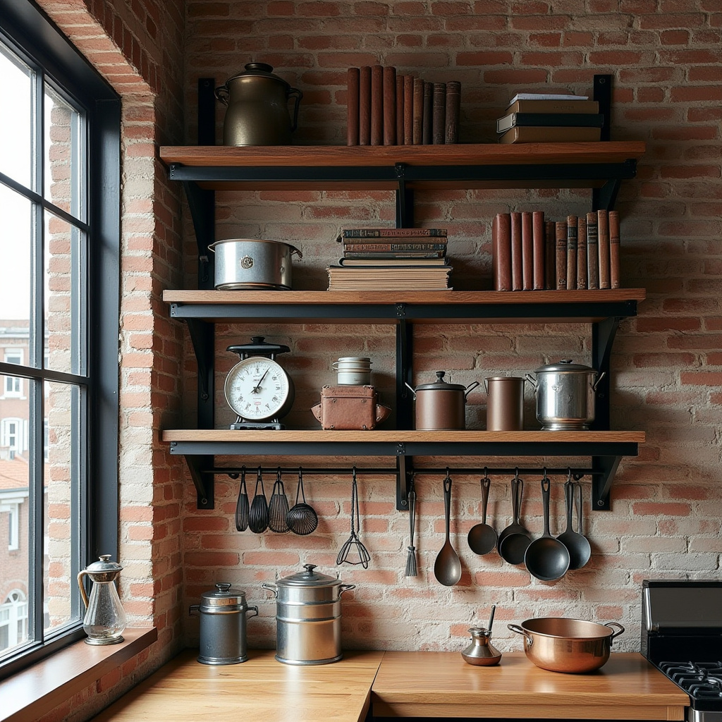 Industrial kitchen with black metal grid shelves