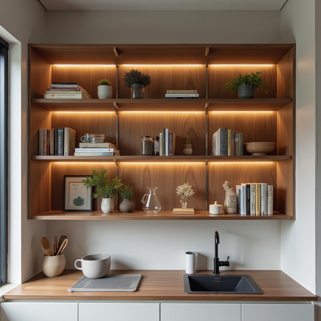Compact kitchen with floor-to-ceiling walnut shelving