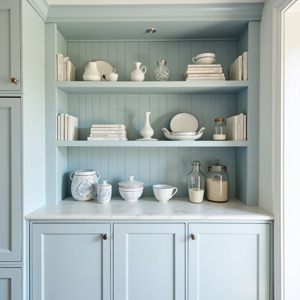 Coastal kitchen with light blue-grey shelves