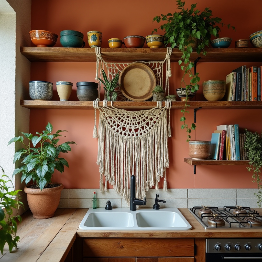 Bohemian kitchen with macramé wall hanging