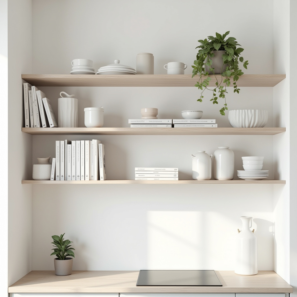 Scandinavian kitchen with pale oak shelves