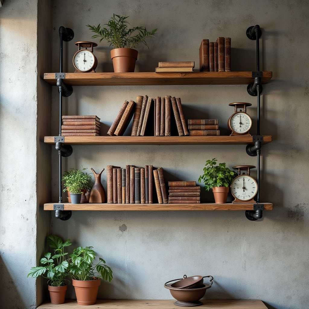 Industrial kitchen with raw steel pipe shelves