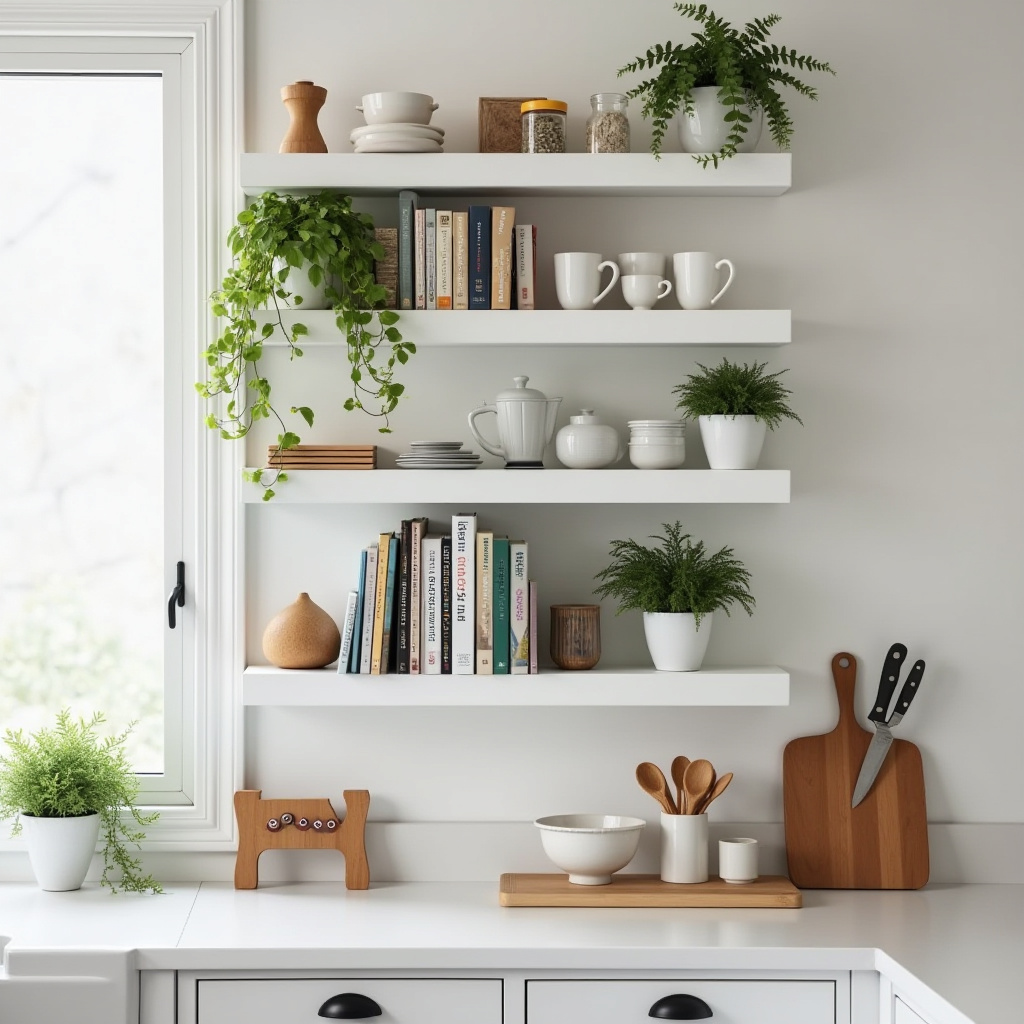 Compact kitchen with narrow white floating shelves