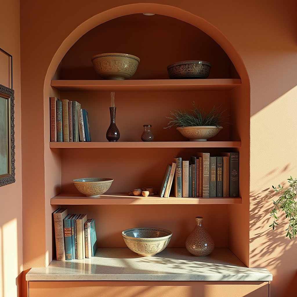 Mediterranean kitchen with terracotta shelves