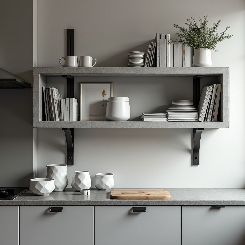 Monochromatic kitchen with grey shelves