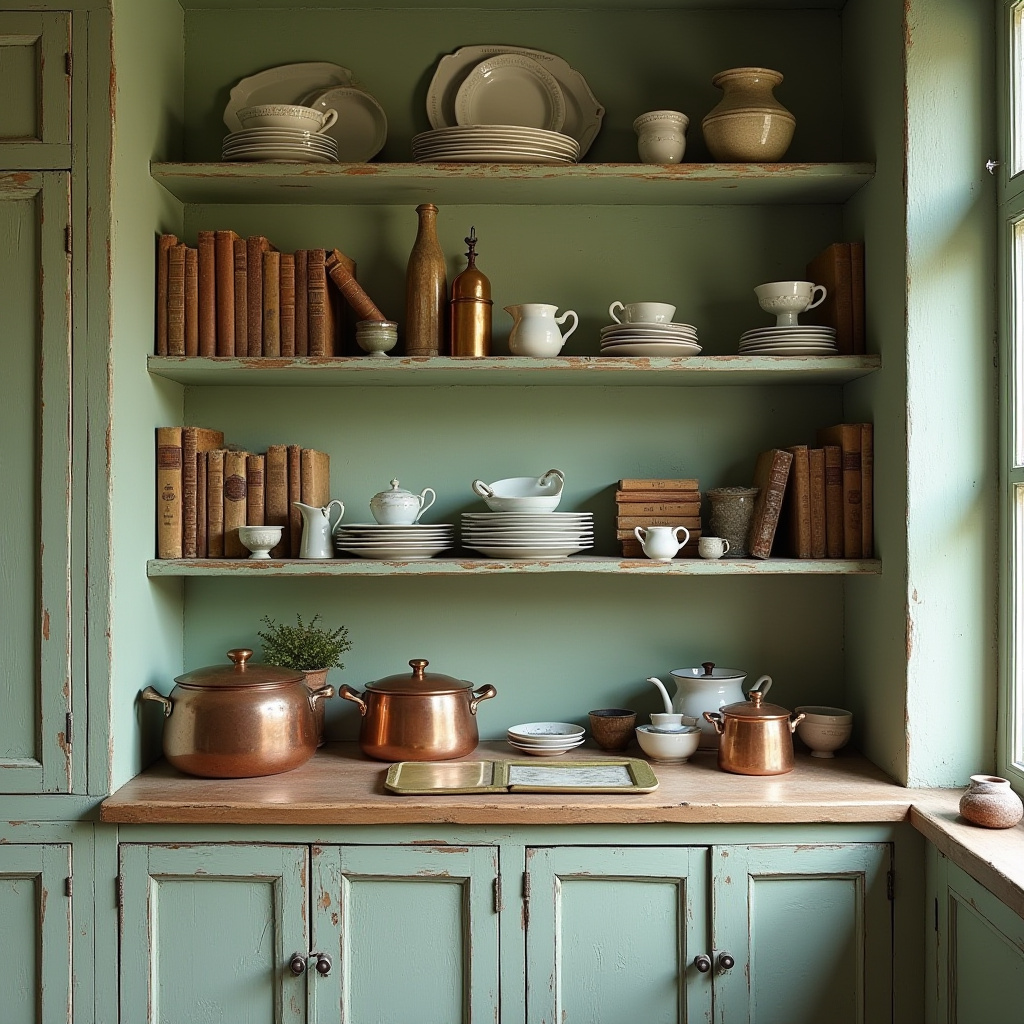 French country kitchen with sage green shelves