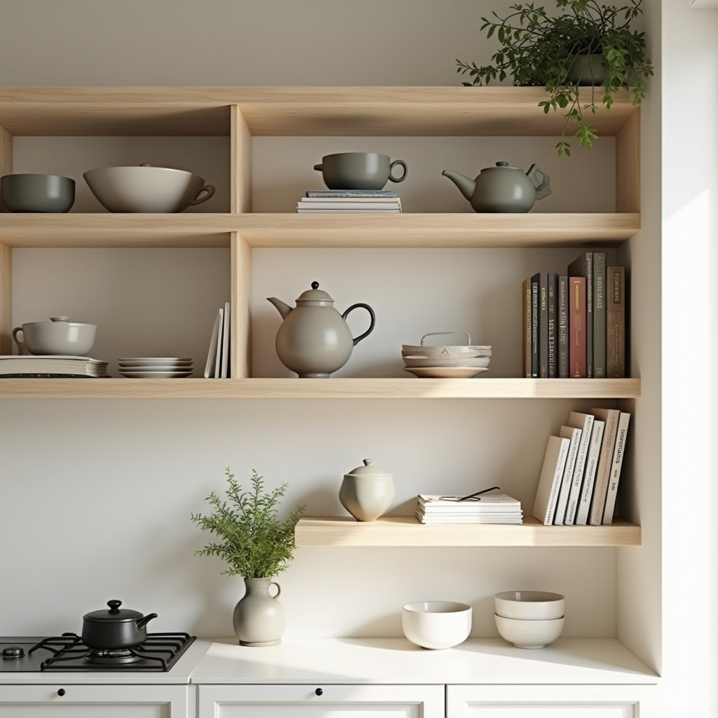 Japanese minimalist kitchen with light wood shelves