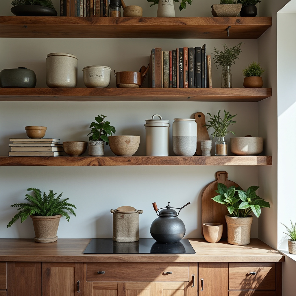 Modern kitchen with live-edge walnut shelves