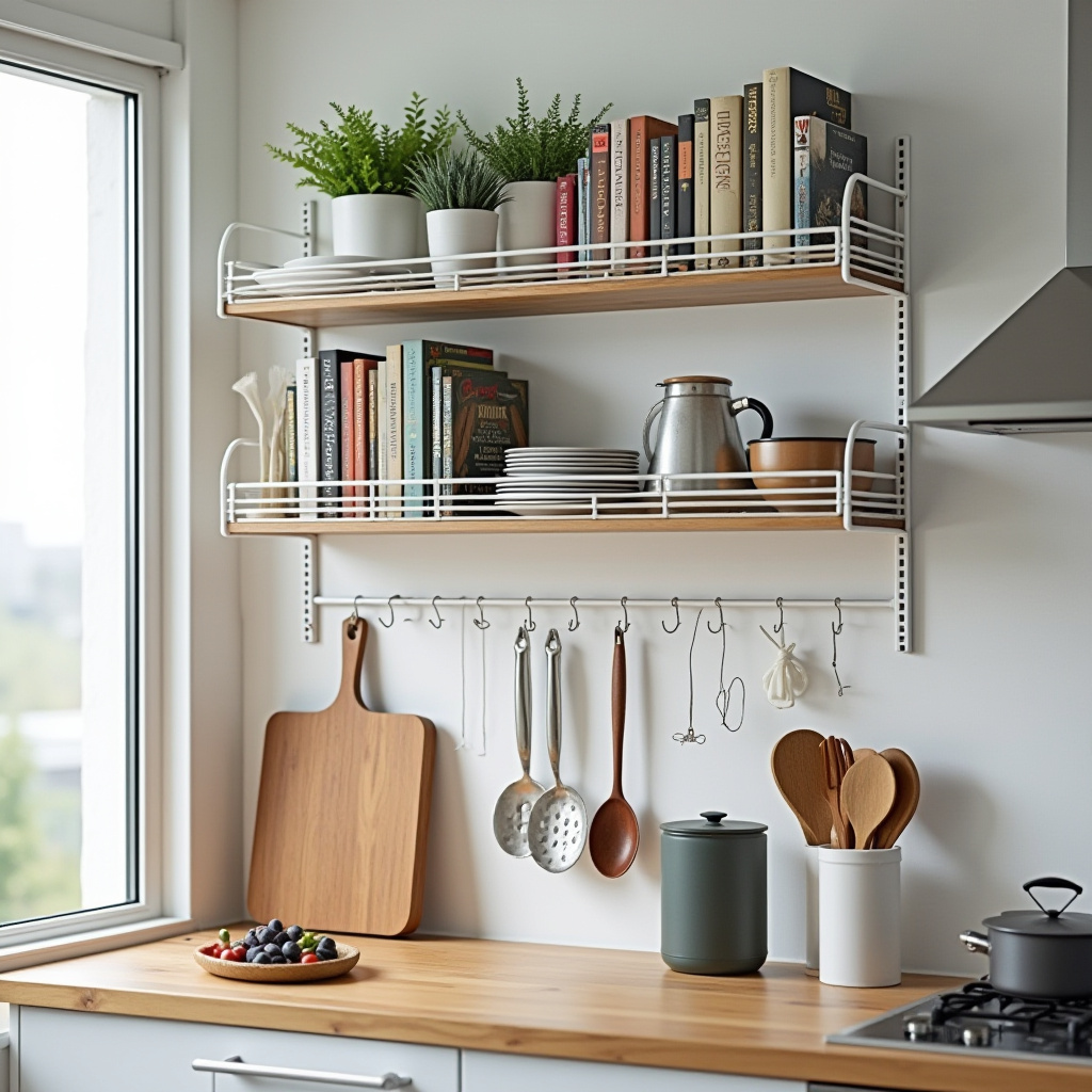 Compact kitchen with modular white metal grid shelves