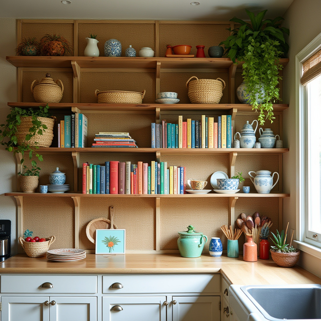 Tropical kitchen with rattan-backed shelves
