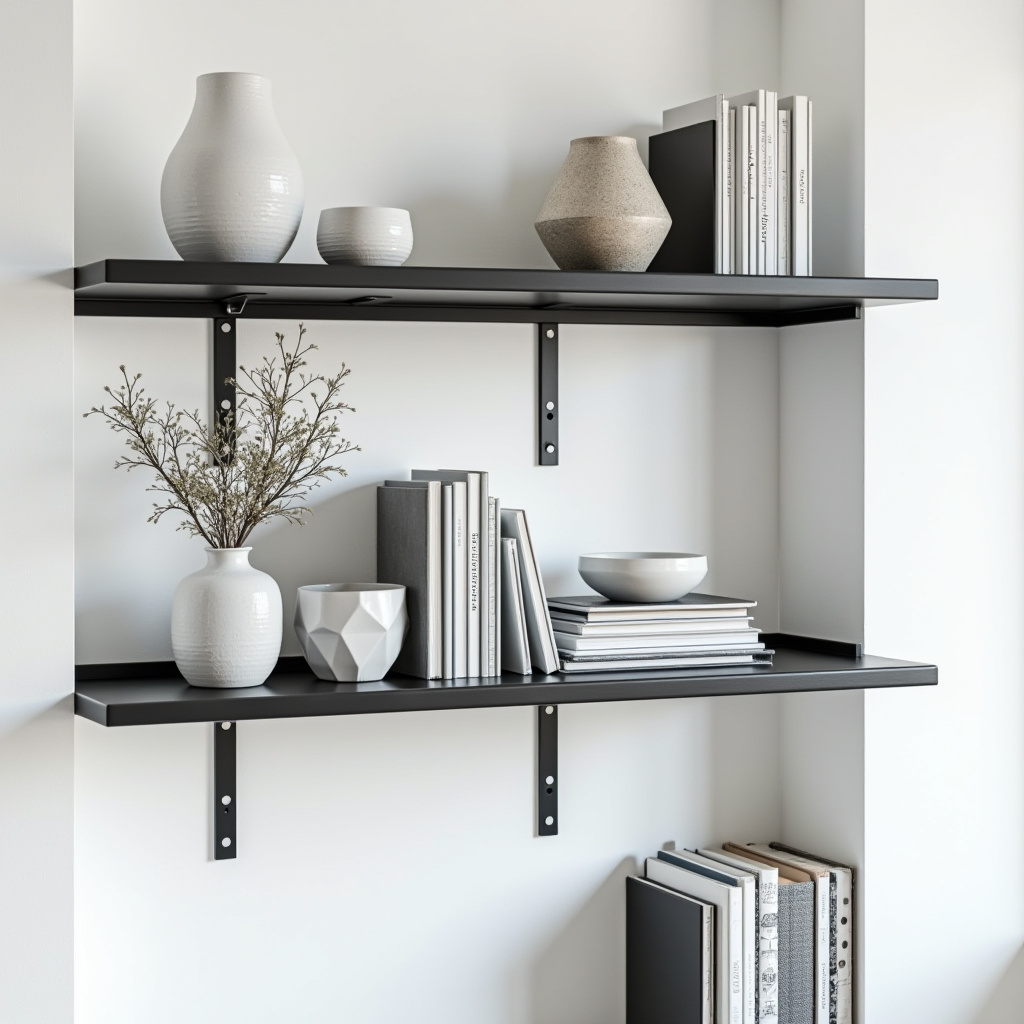 Minimalist black and white kitchen with metal shelves