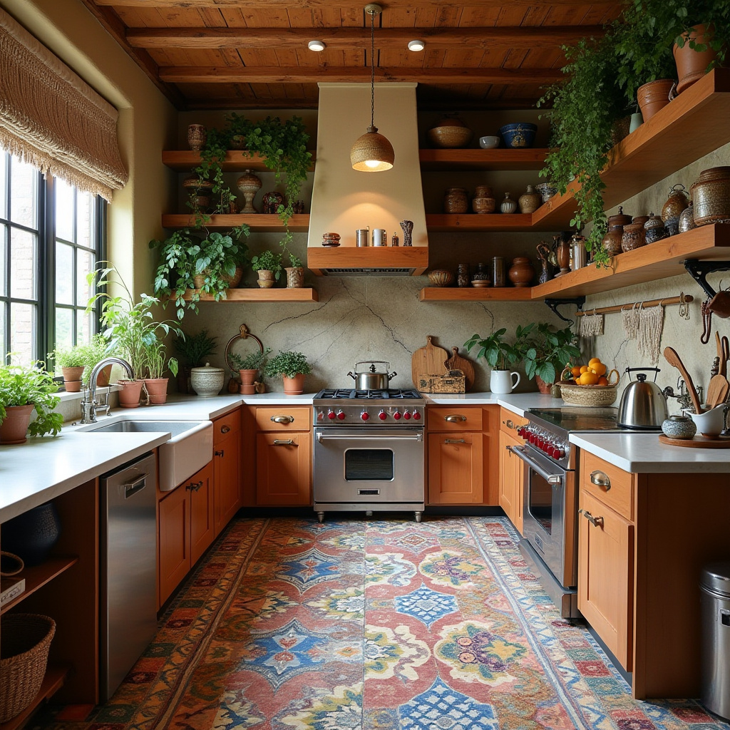 Vibrant Bohemian Kitchen with Colorful Tile Flooring