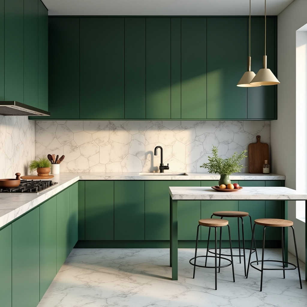 minimalist kitchen with forest green accent wall