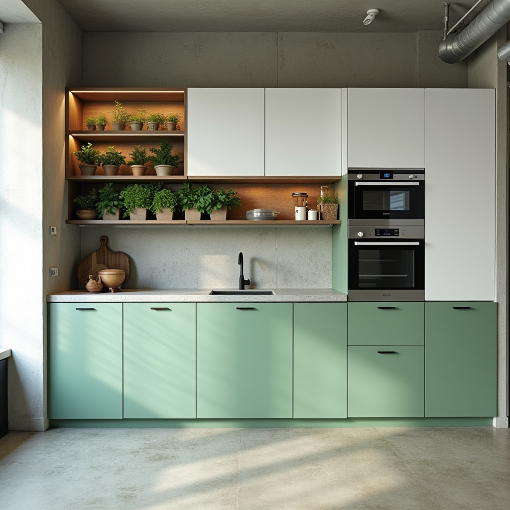contemporary mint green kitchen in urban loft