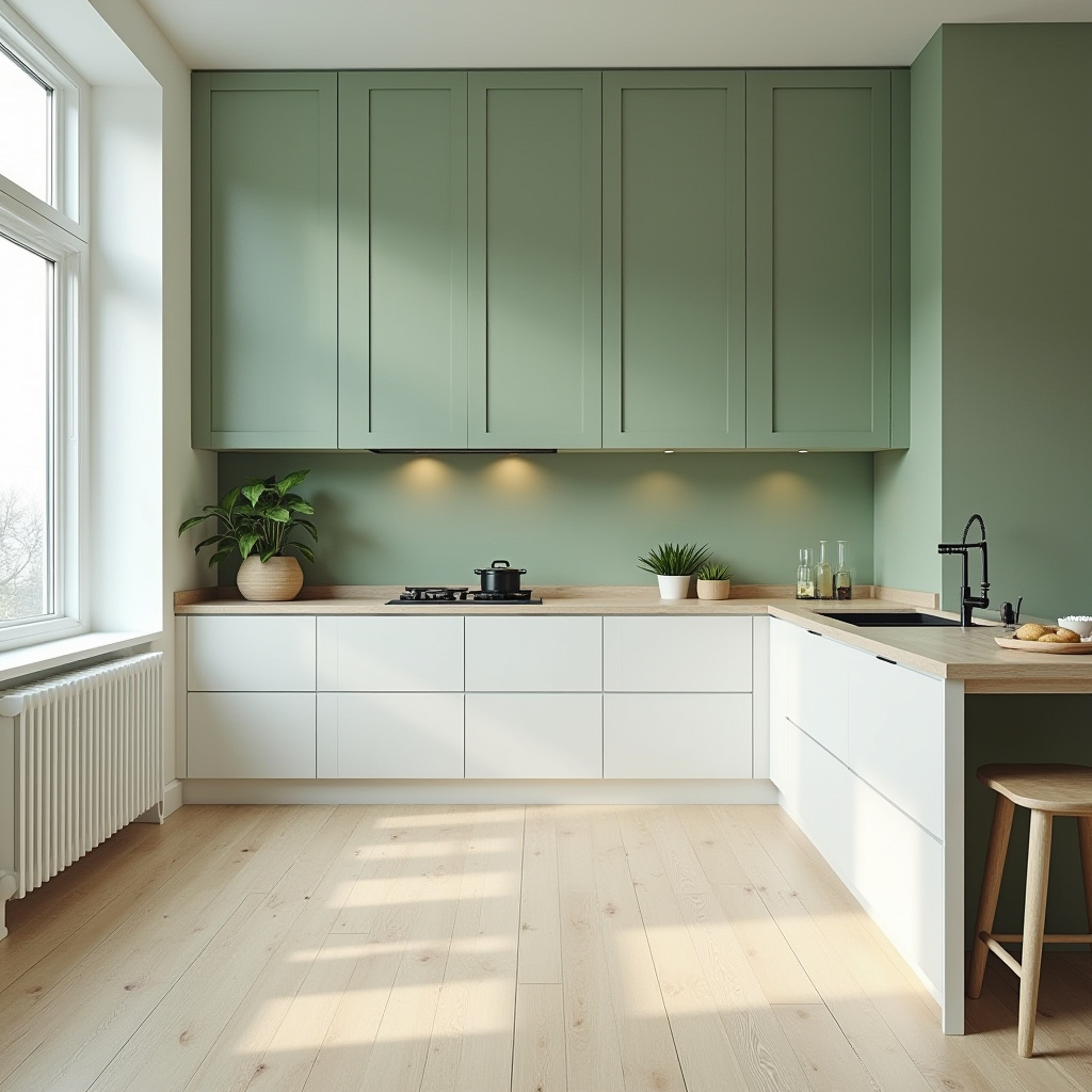 scandinavian sage green kitchen with light wood floors