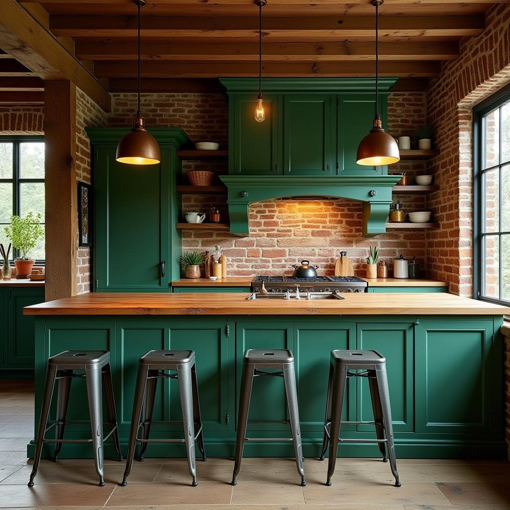 deep emerald green rustic kitchen