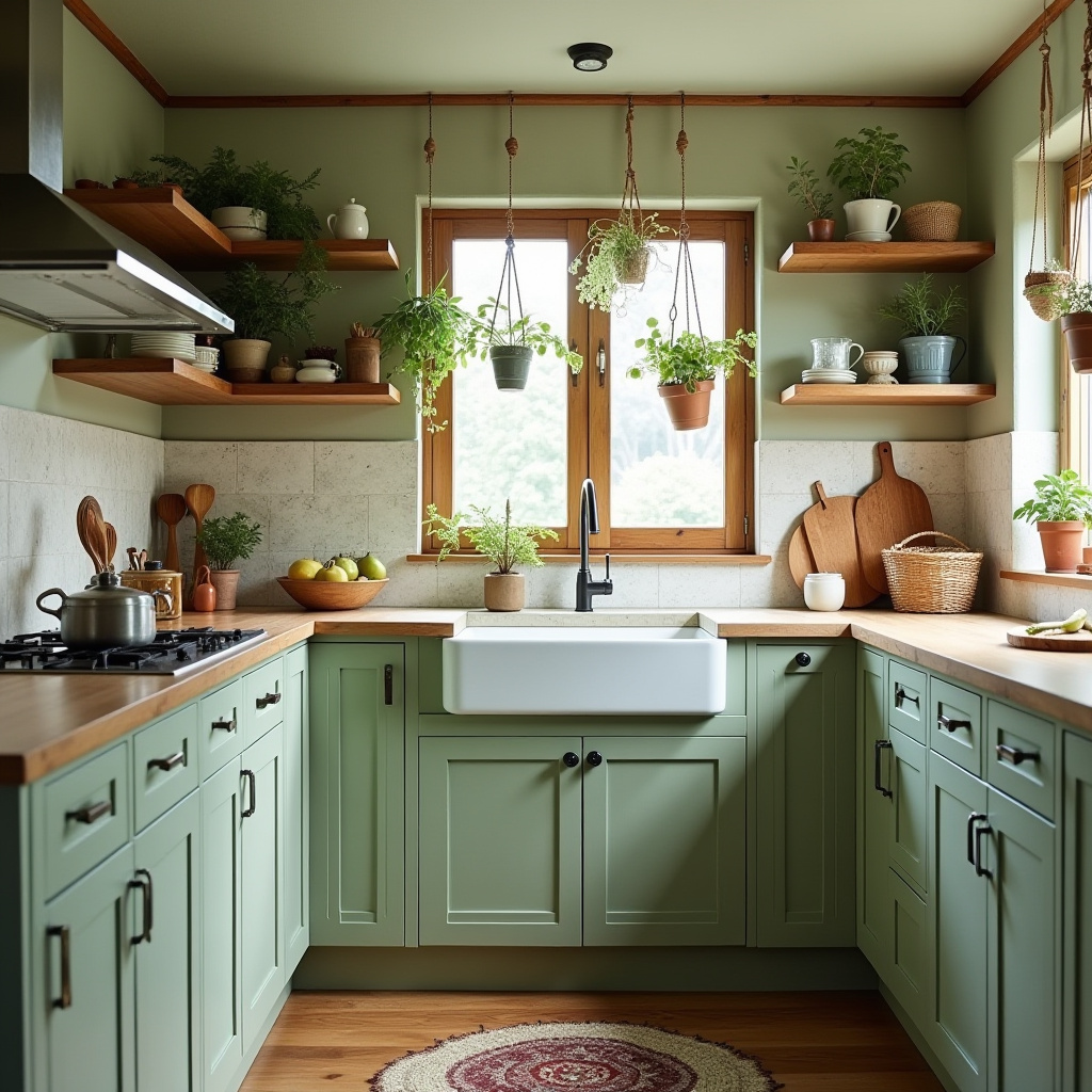 bohemian sage green kitchen