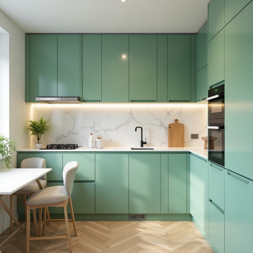 compact mint green kitchen