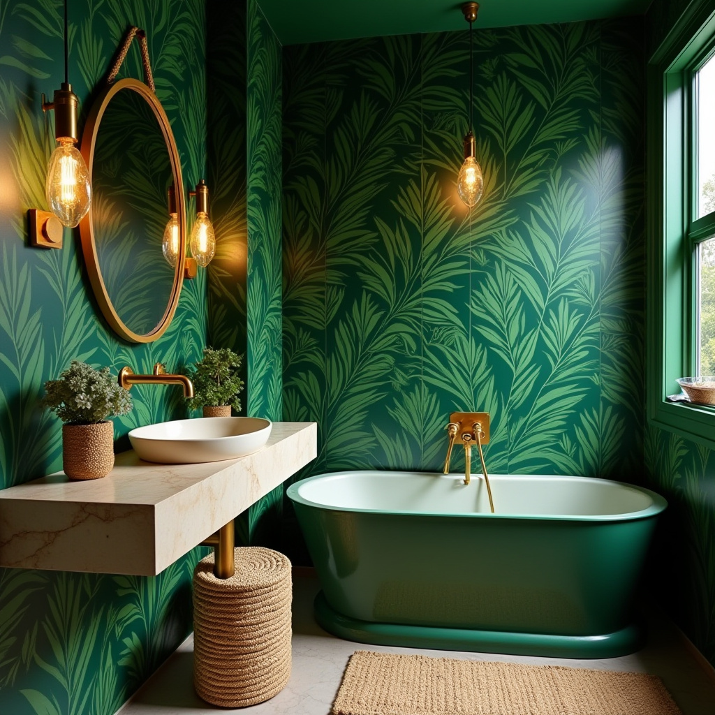 tropical green and gold bathroom