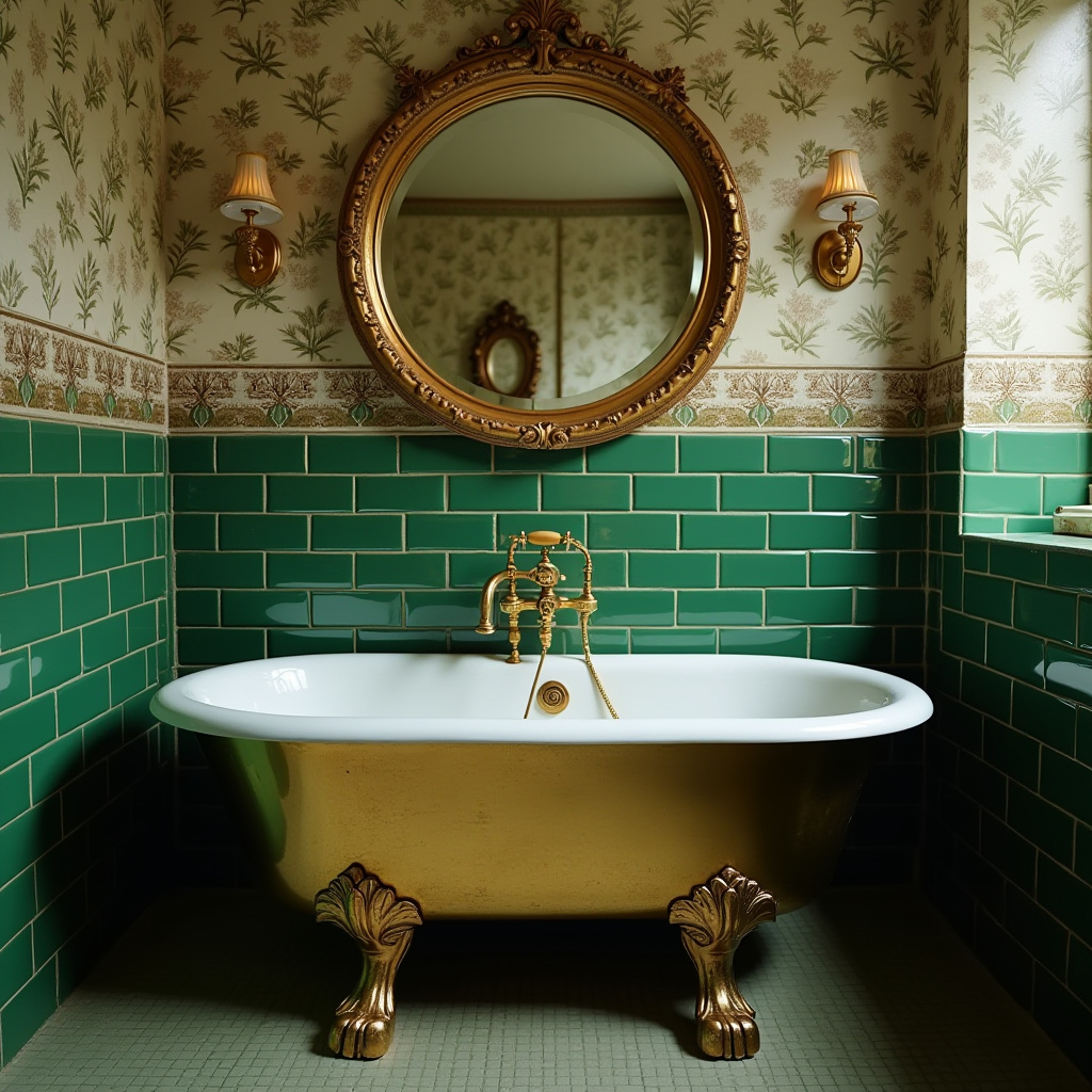 vintage green and gold bathroom