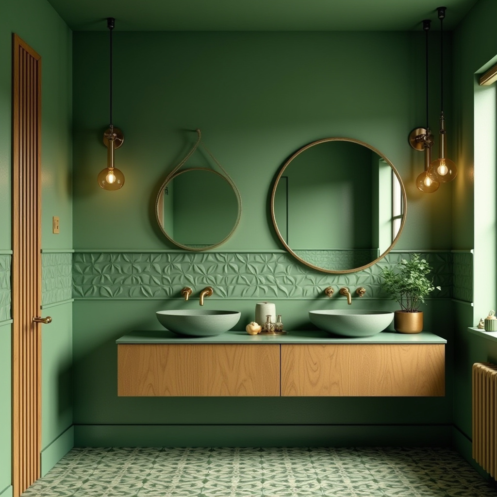 mid-century modern green and gold bathroom