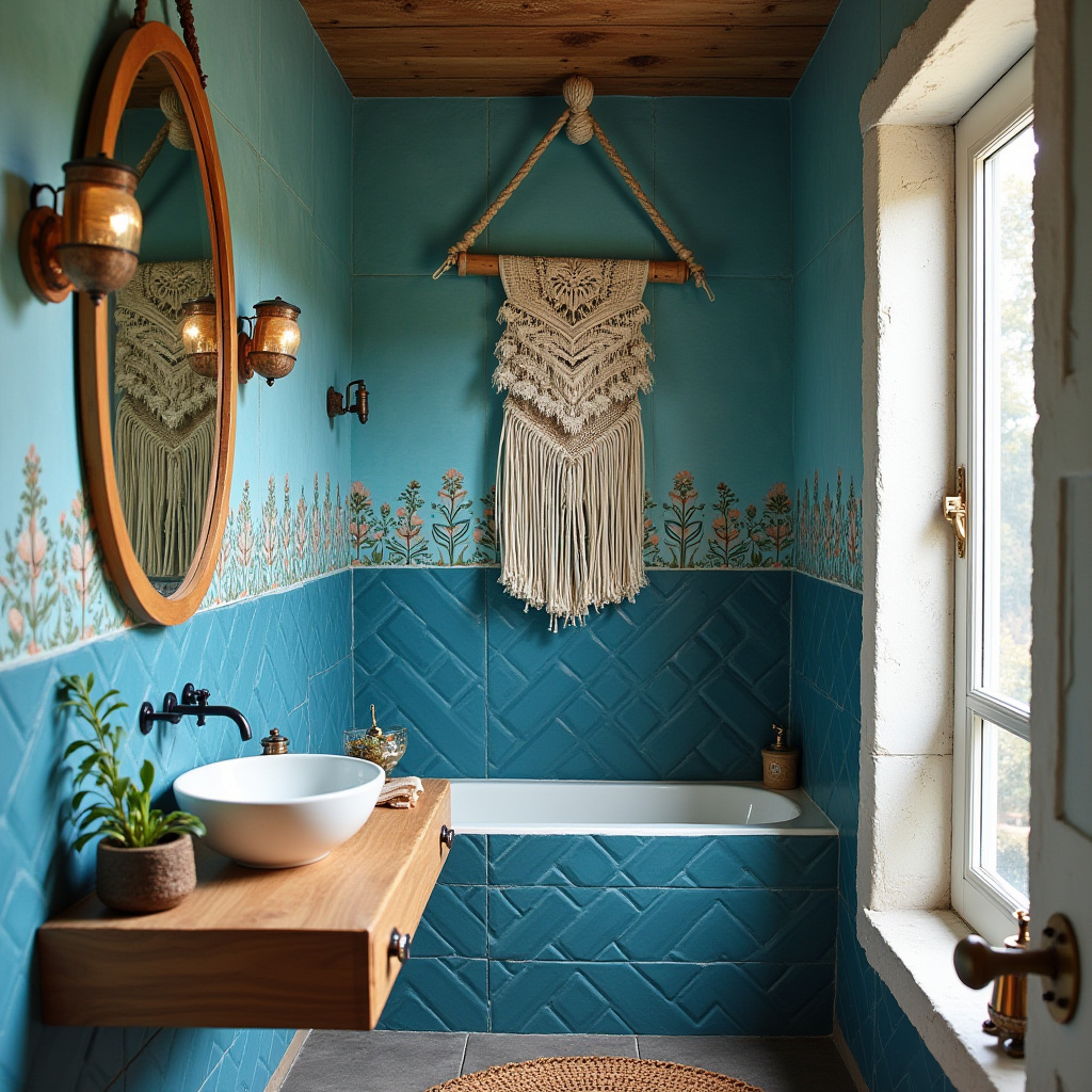 small blue bathroom bohemian style