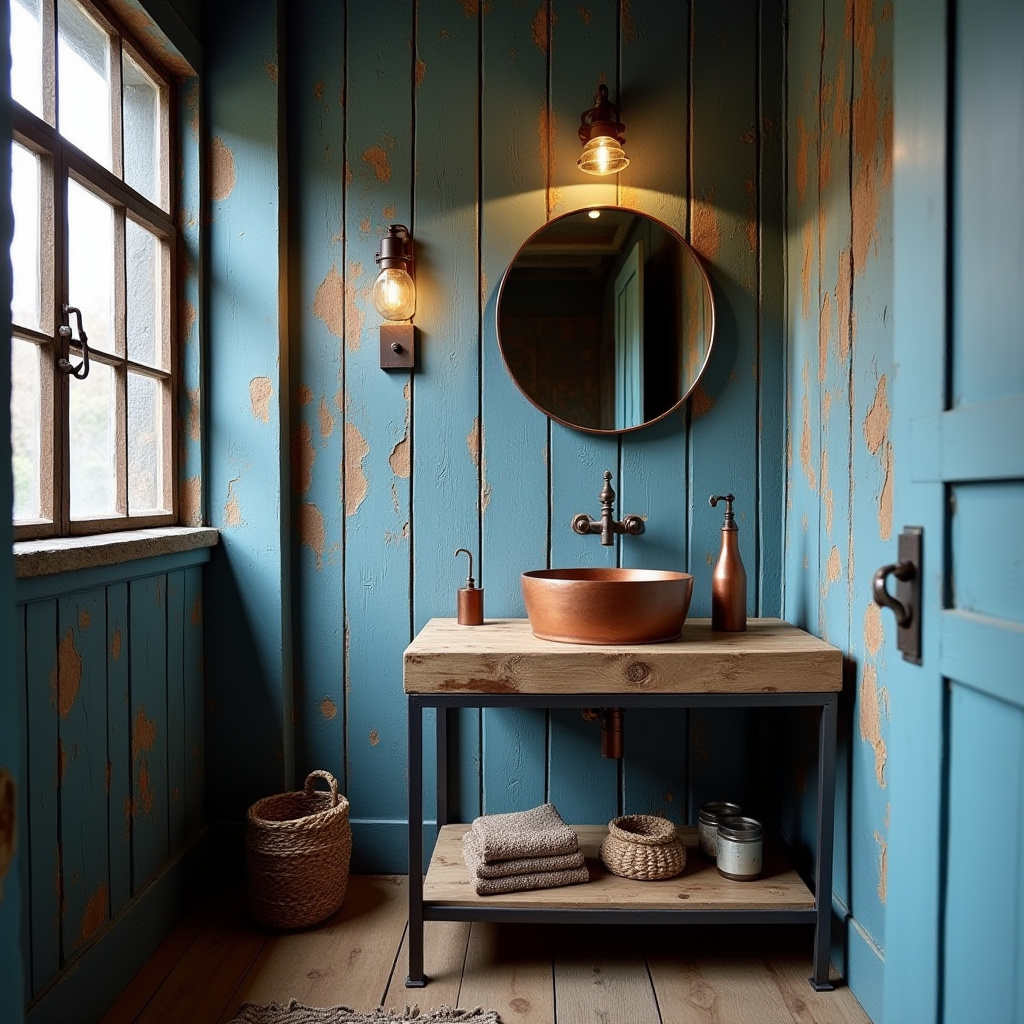 small blue bathroom rustic style