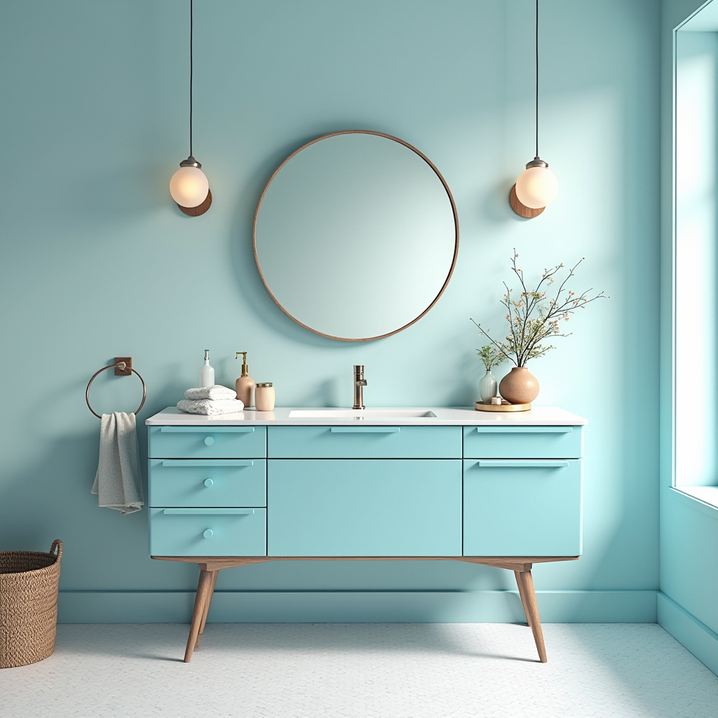 small blue bathroom mid-century modern