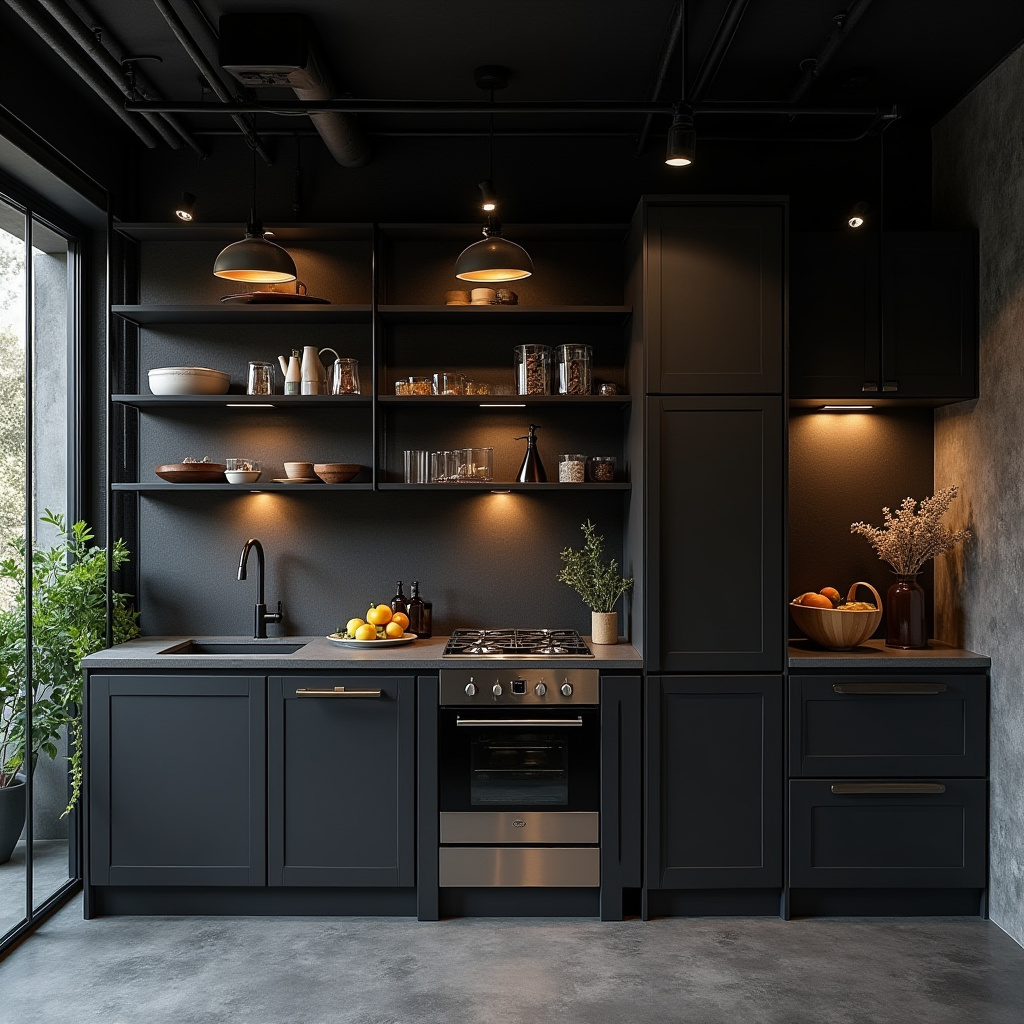 loft style black kitchen