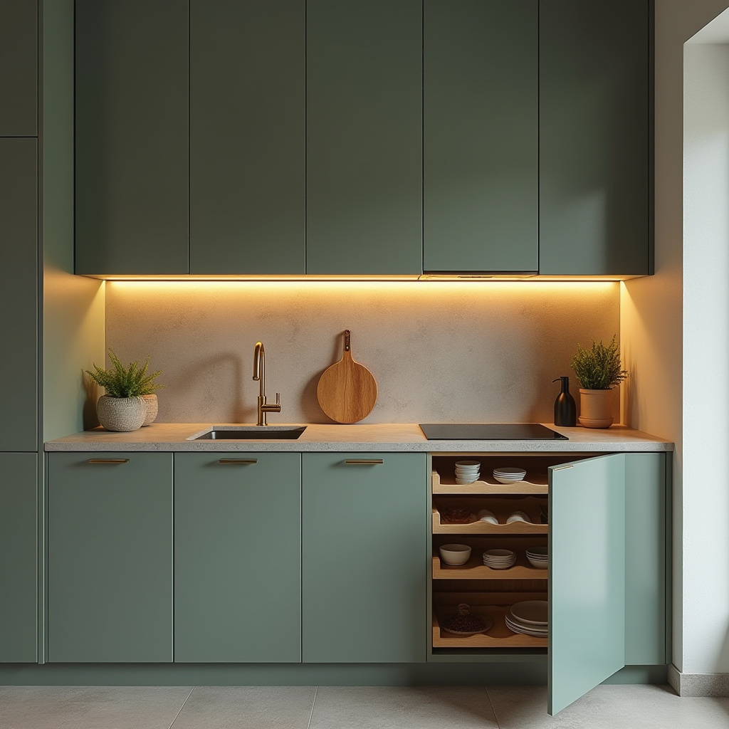 Matte sage green single wall kitchen