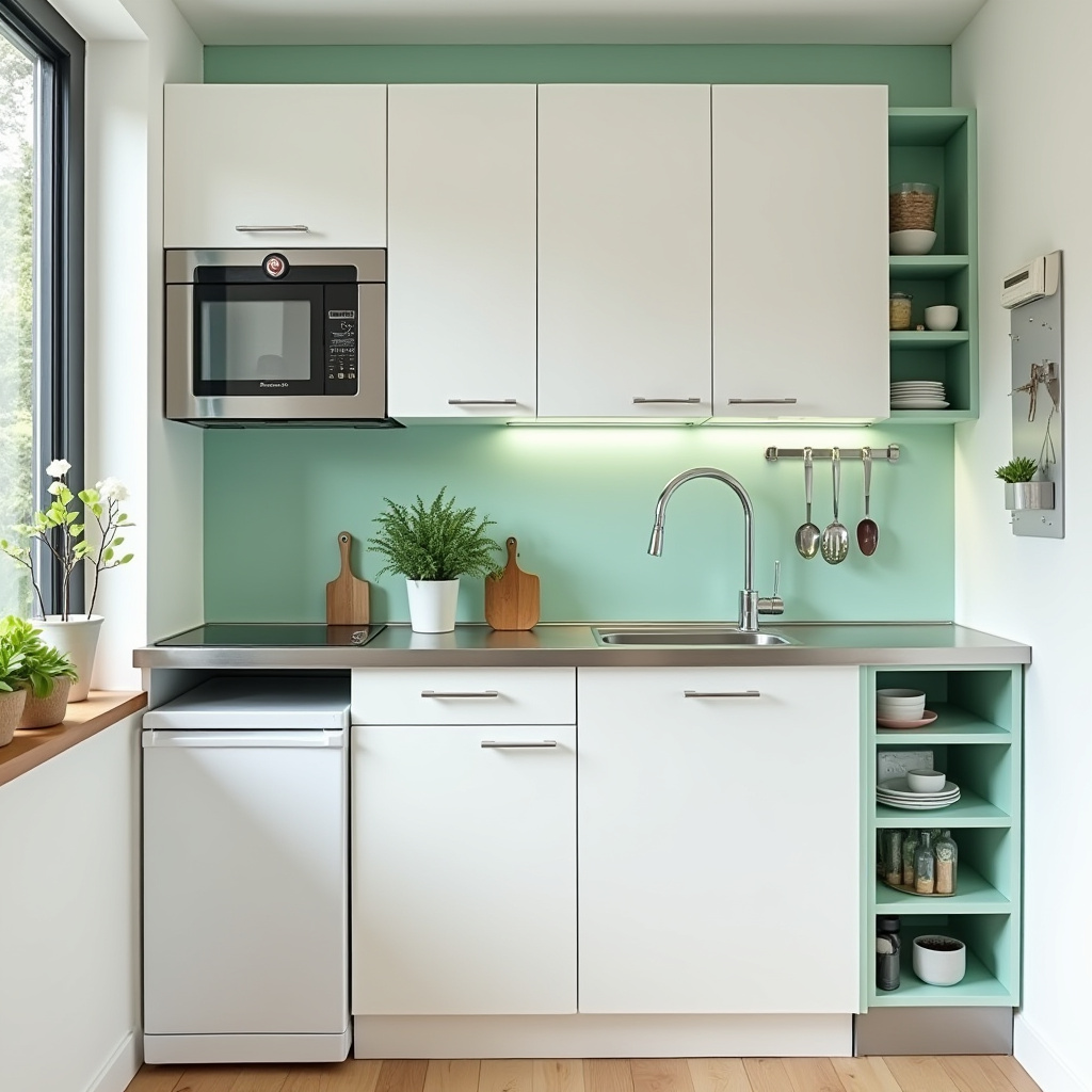 Compact tiny home single wall kitchen