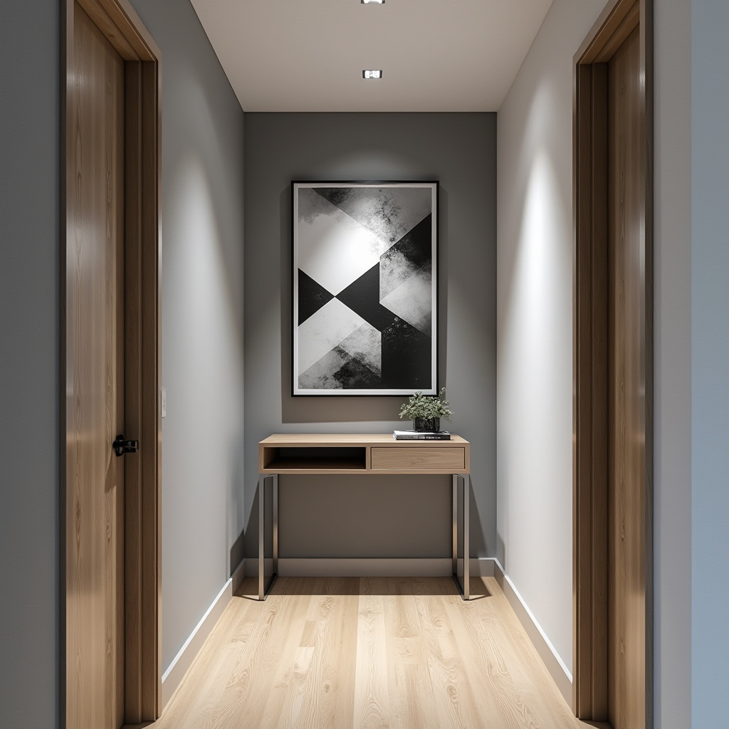 Modern hallway with monochrome art
