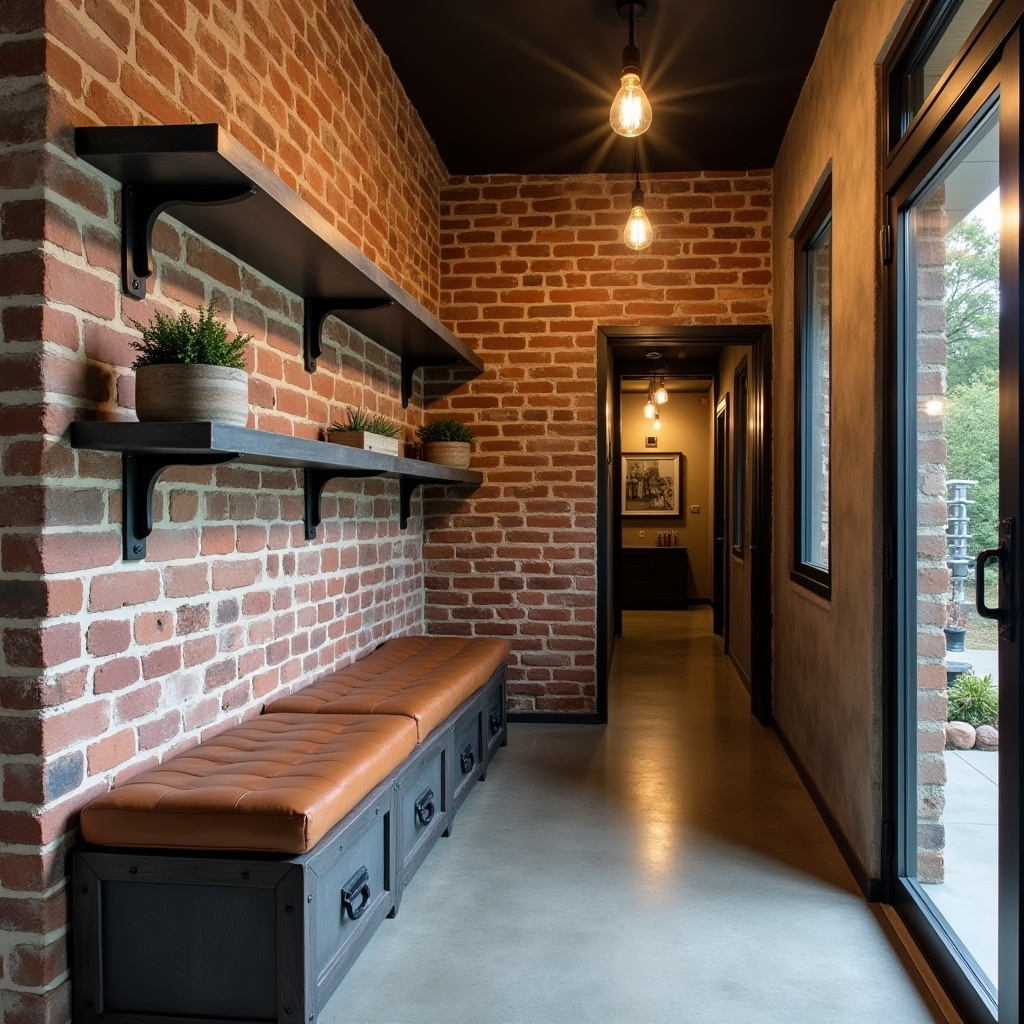 Hallway with metal shelves and leather bench