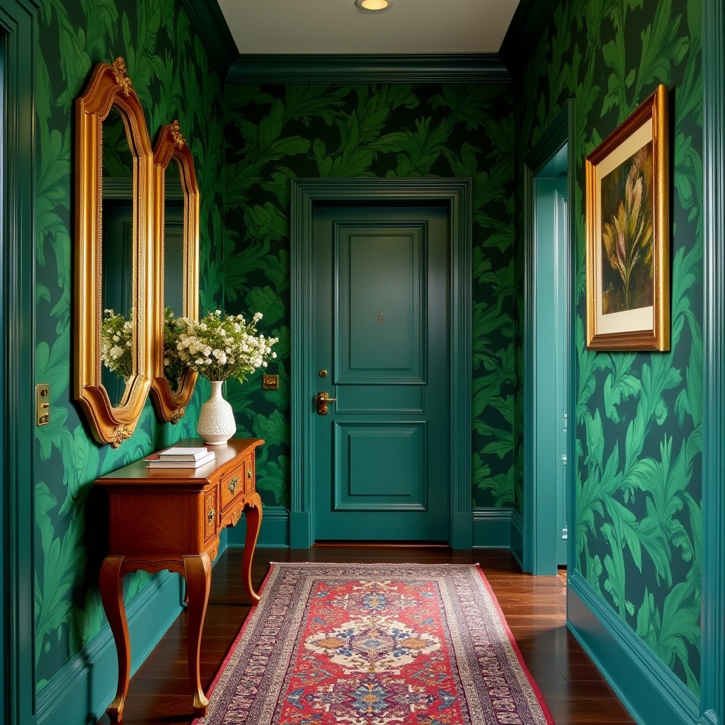 Bold botanical wallpaper hallway