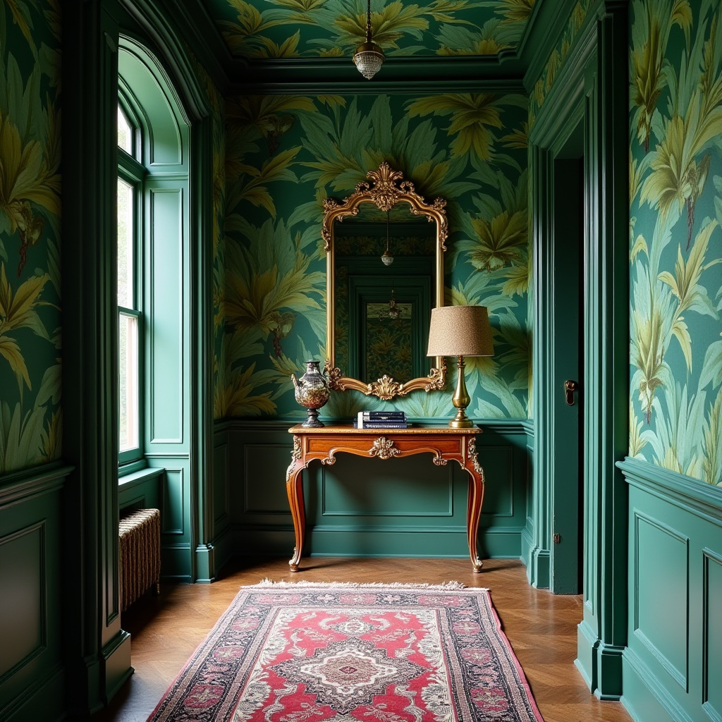 Hallway with vintage console and botanical prints